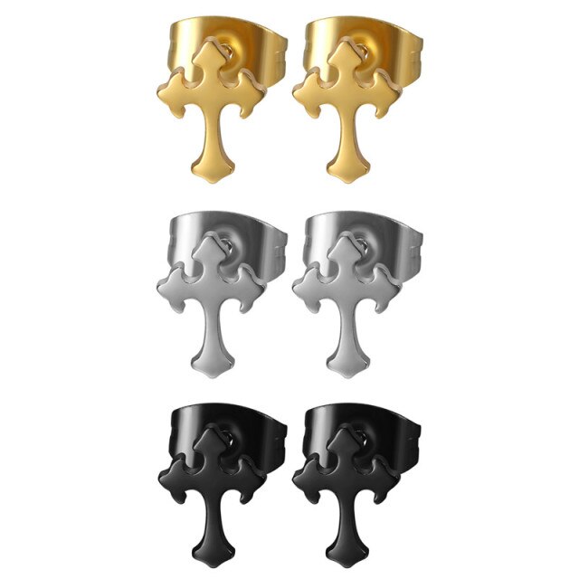 Mens 14k Gold Silver Black Solid No Tarnish Stainless Steel Prayer Cross Earrings