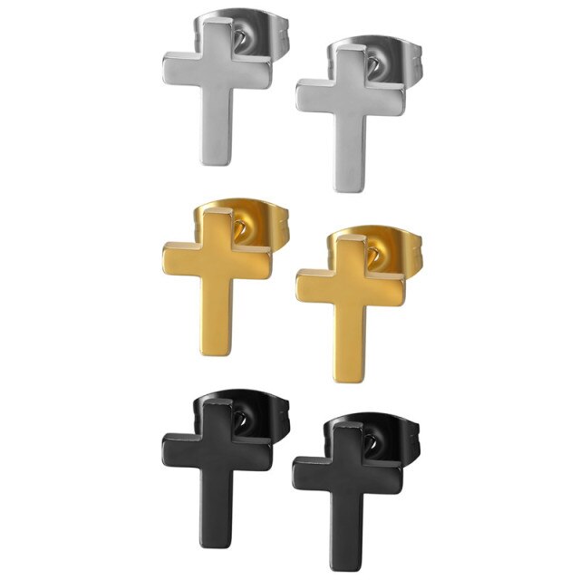 Mens 14k Gold Silver Black Solid No Tarnish Stainless Steel Prayer Cross Earrings