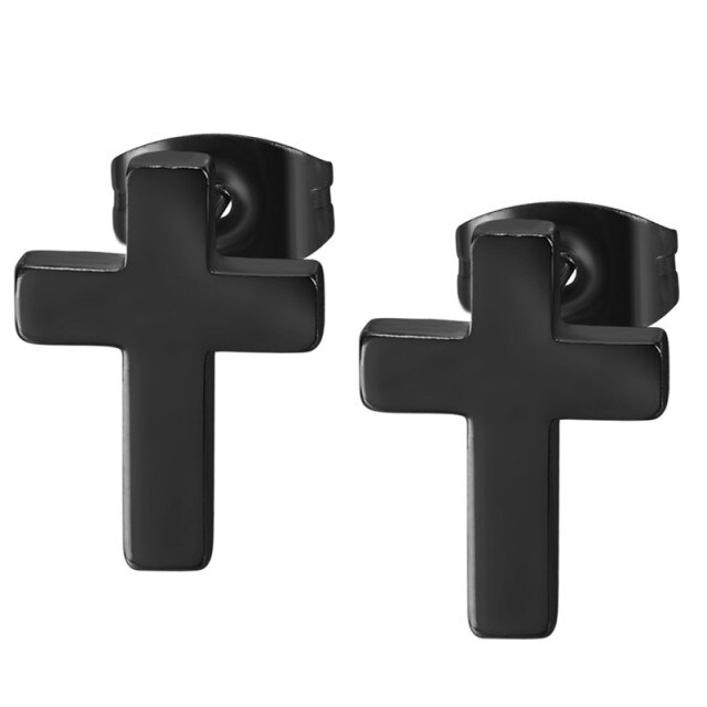 Mens 14k Gold Silver Black Solid No Tarnish Stainless Steel Prayer Cross Earrings