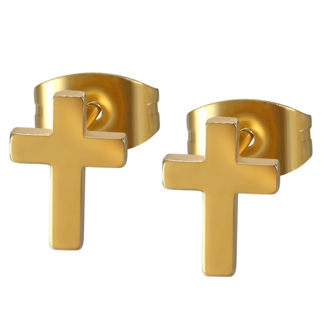 Mens 14k Gold Silver Black Solid No Tarnish Stainless Steel Prayer Cross Earrings