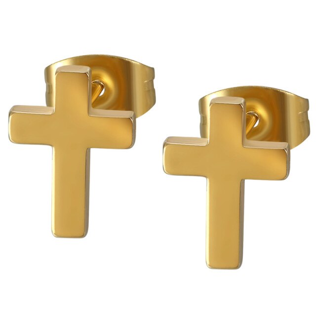 Mens 14k Gold Silver Black Solid No Tarnish Stainless Steel Prayer Cross Earrings