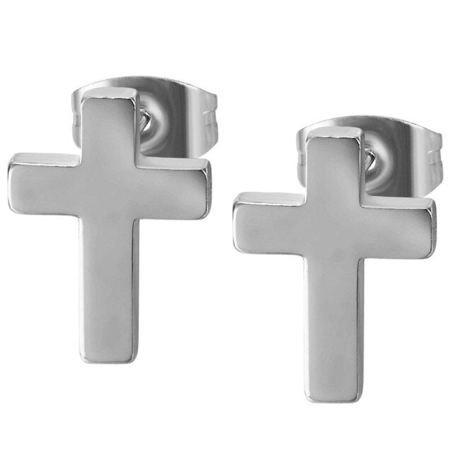 Mens 14k Gold Silver Black Solid No Tarnish Stainless Steel Prayer Cross Earrings