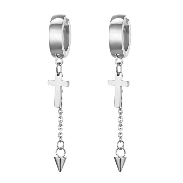 14k Gold Silver Black Huggie Style Dangle Stainless Steel Cross Earrings