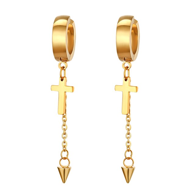 14k Gold Silver Black Huggie Style Dangle Stainless Steel Cross Earrings