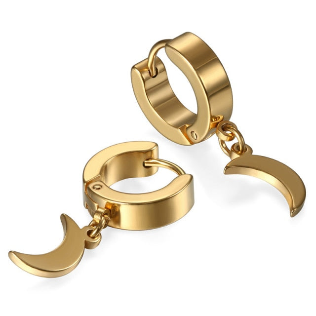 Gold Black Silver Huggie Style Crescent Moon Stainless Steel Circle Hoop Earrings
