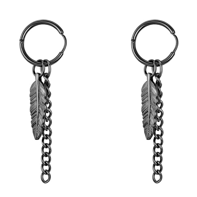 Black 14k Gold Silver over Stainless Steel Tribal Feather Leaf Earrings