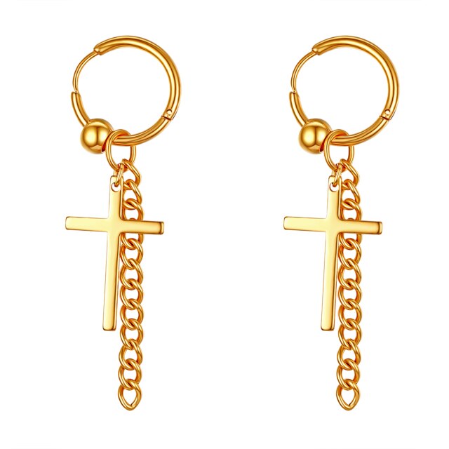 14k Gold Silver Black Stainless Steel Hoop Cross Earrings