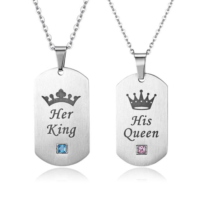 Couples Bling CZ Her King His Queen Lovers Stainless Steel No Tarnish Dog Tag Pendant Chain Necklace