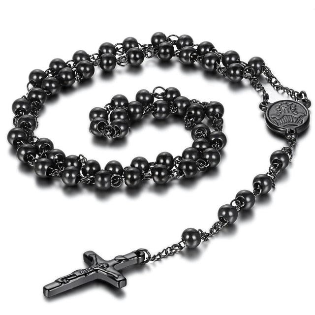Vintage Look Classic Style Stainless Steel No Fade Rosary Beads Jesus Christ Crucifix Cross Pendant