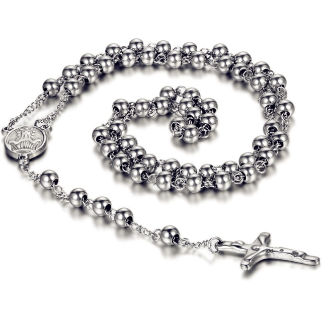 Vintage Look Classic Style Stainless Steel No Fade Rosary Beads Jesus Christ Crucifix Cross Pendant