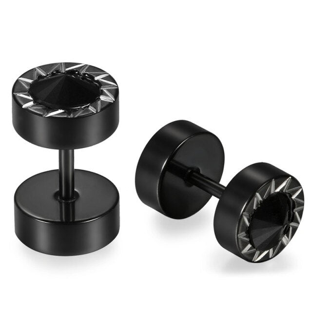 Mens Bling Bling Black CZ Black Out Stainless Steel Screw Back Earrings