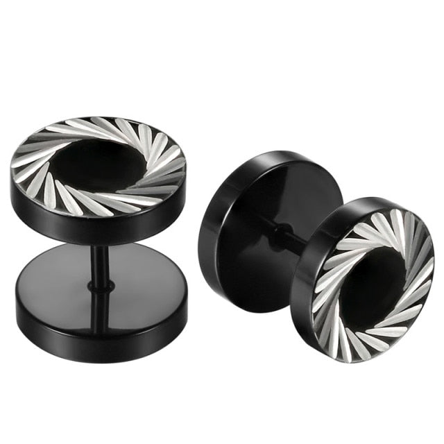 Mens Black Barbell Screw Back Stainless Steel Street Wear Earrings