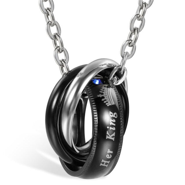 Couples Romantic Lovers Her King His Queen Triple Ring Bling Stainless Steel Chain Necklace