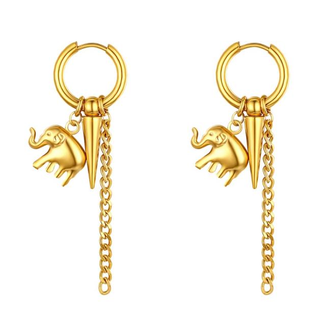 Stainless Steel Tribal Feather Rivet Peace Elephant Dangle Drop Unisex Earrings