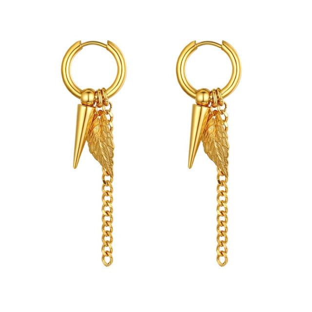 Stainless Steel Tribal Feather Rivet Peace Elephant Dangle Drop Unisex Earrings