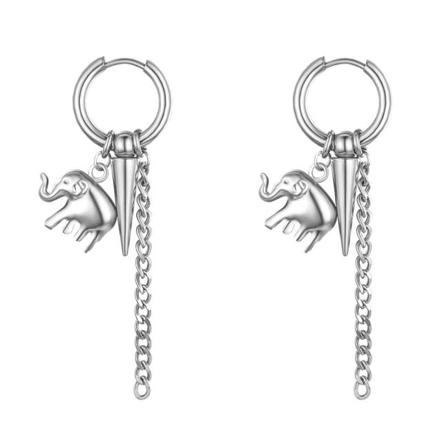 Stainless Steel Tribal Feather Rivet Peace Elephant Dangle Drop Unisex Earrings