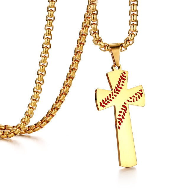 High Quality No Fade Baseball God Stainless Steel Cross Pendant Chain Necklace