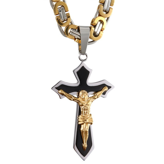 Mens Vintage Jesus Crucifix No Fade Stainless Steel Bling Pendant Chain Necklace