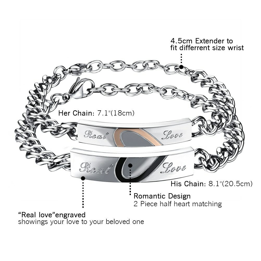 Couples Lovers Real Love No Fade Stainless Steel Heart Bracelet