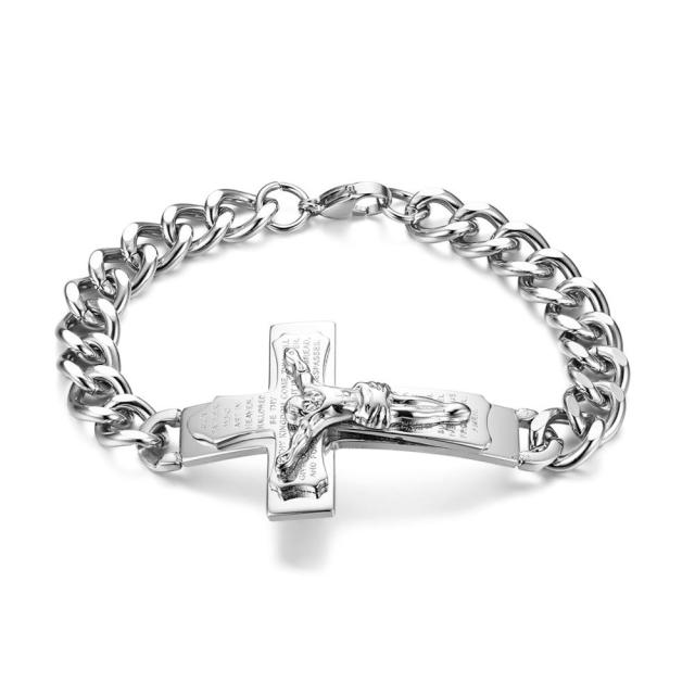 Mens Gold over Stainless Steel Cross Jesus Crucifix Casual Spiritual Bracelet
