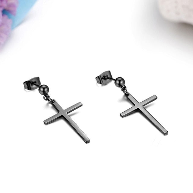 Stainless Steel Dangle Cross Pearl Stud No Fade Black Gold Silver Earrings