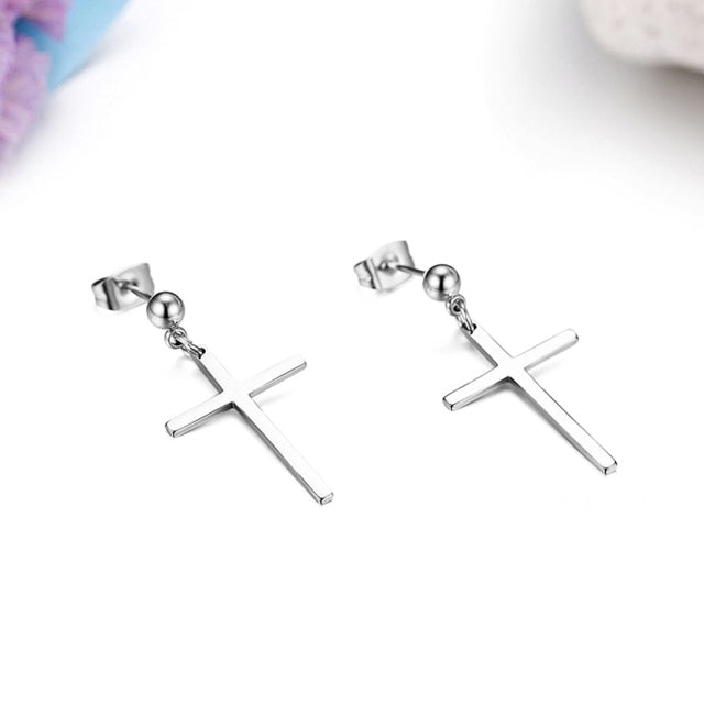 Stainless Steel Dangle Cross Pearl Stud No Fade Black Gold Silver Earrings