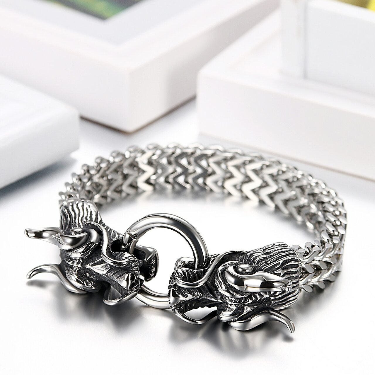 Mens 316L Stainless Steel Foxtail Chinese Style Dragon Chain Bracelet