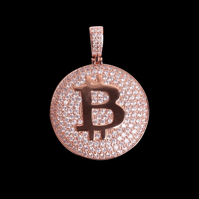 Flooded Ice 5A Stone Bitcoin 24k 925 Silver Rose Gold Hip Hop Pendant Chain Necklace
