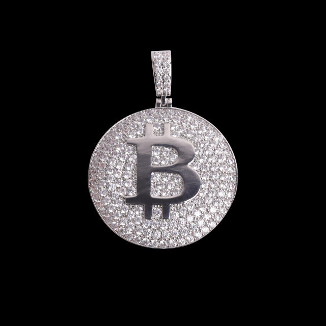 Flooded Ice 5A Stone Bitcoin 24k 925 Silver Rose Gold Hip Hop Pendant Chain Necklace