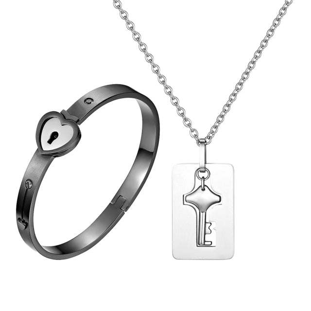Forever Love Lovers Lock and Key Bracelet Necklace Chain Jewelry Set