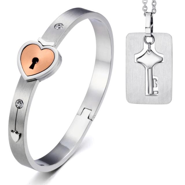 Forever Love Lovers Lock and Key Bracelet Necklace Chain Jewelry Set