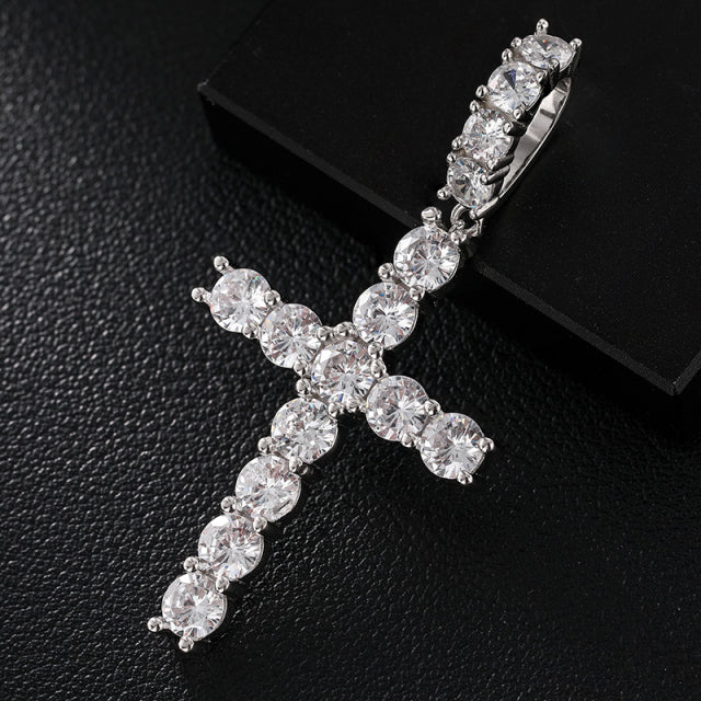 Mens Genuine Diamond Flooded Ice Cross Hip Hop Pendant Chain Necklace