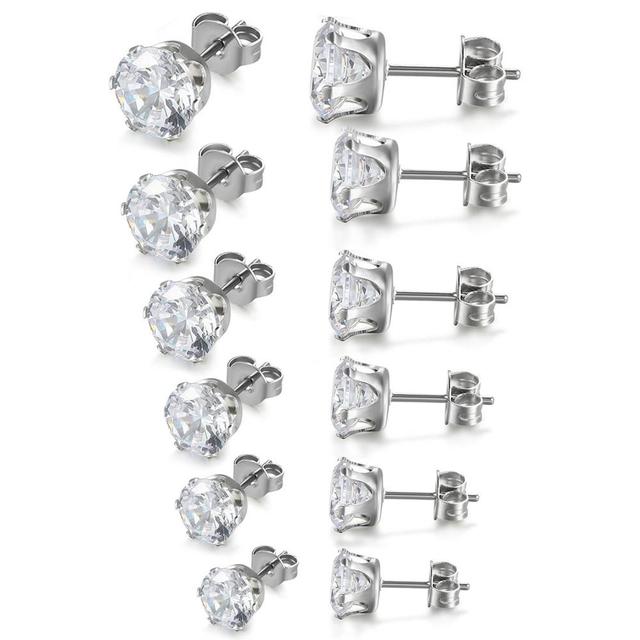 Mens Womens 6 Pair No Fade Stainless Steel 3A CZ Stone 3mm -8mm Bling Bling Earrings