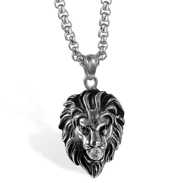 Mens Vintage Look 14k Black Stainless Steel Lion Head Cz Pendant Chain Necklace