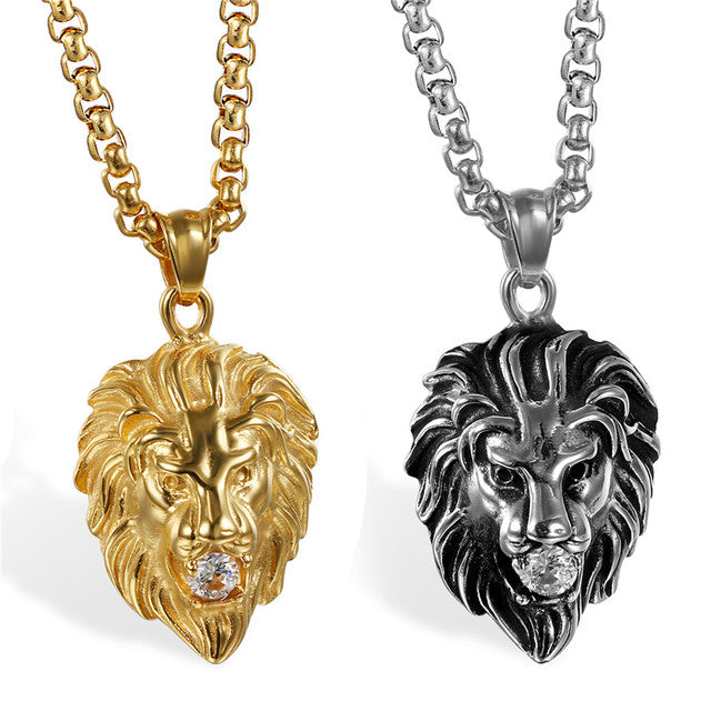 Mens Vintage Look 14k Black Stainless Steel Lion Head Cz Pendant Chain Necklace