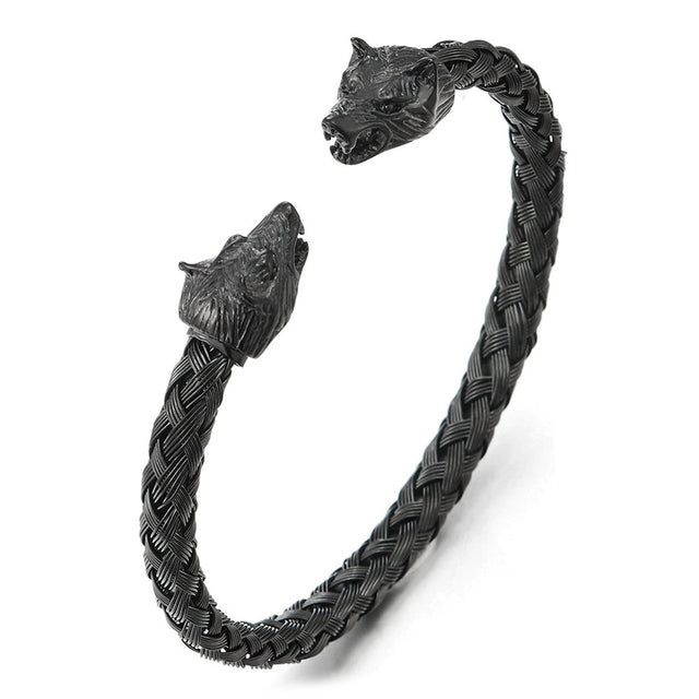 Mens Double Head No Fade Stainless Steel Wolf Bangle Street Wear Bracelets