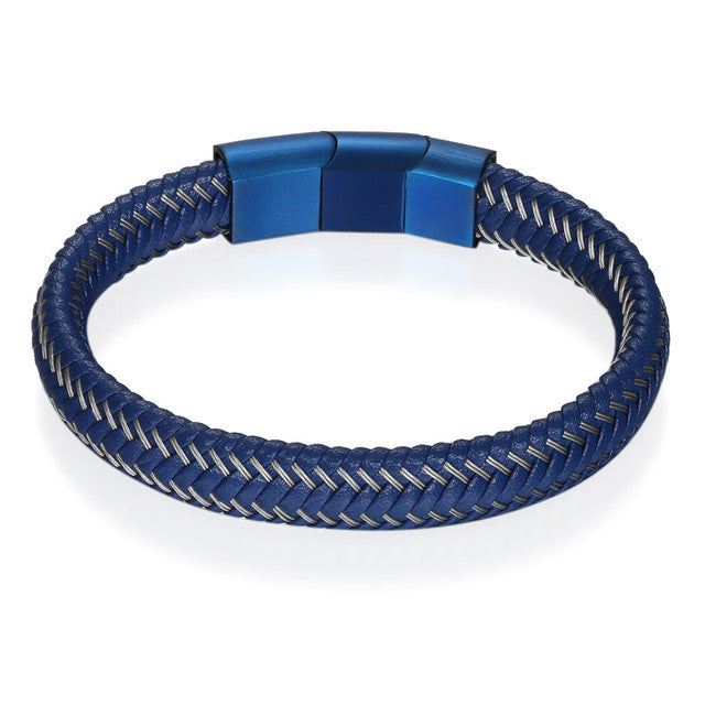 Mens Blue Steel High Fashion Stainless Steel Leather Hip Hop Bracelet