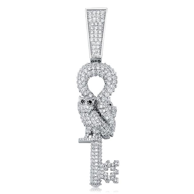 Hip Hop Flooded Ice Wise Owl Skeleton Key Bling Pendant Chain Necklace