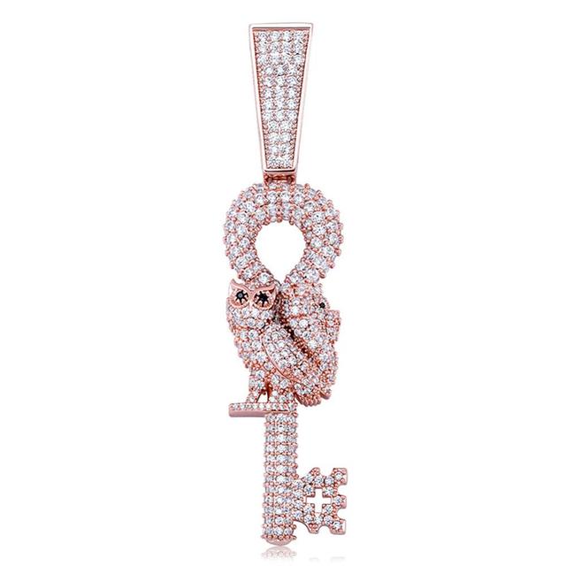 Hip Hop Flooded Ice Wise Owl Skeleton Key Bling Pendant Chain Necklace