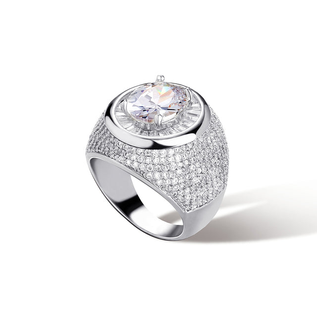 Mens Flooded Ice Center Stone Hip Hop 14k 925 Silver Rings