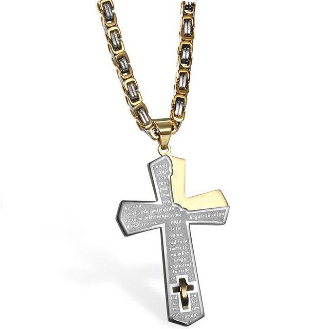 Mens Gold Black Silver No Fade Stainless Steel Spanish Prayer God Within Cross