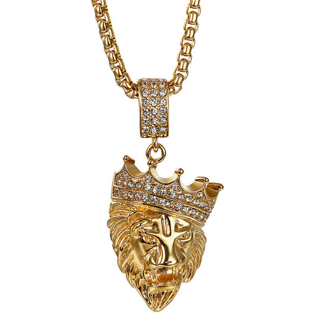 Mens Hip Hop No Fade Stainless Steel King Crown Lion Bling Pendant Chain Necklace