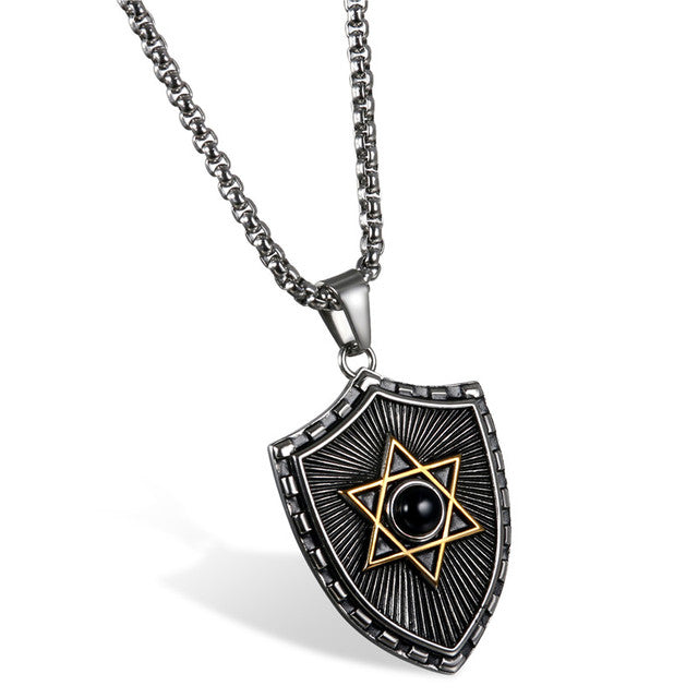 Mystical 6 Pointed Star Hexagram Crystal Shield Stainless Steel Pendant Chain Necklace