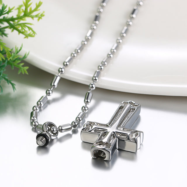Mens No Fade Stainless Steel Cross Opening Flask Ashes Pendant Chain Necklace