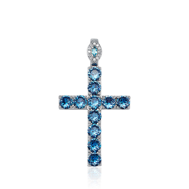 Mens Blue Iced Rose Gold Silver Studded Hip Hop Cross Pendant Chain Necklace