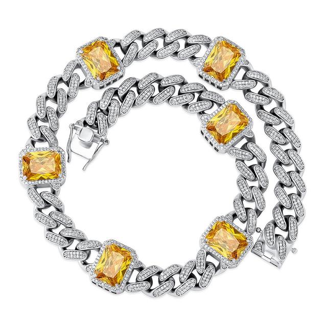 Ladies 13mm Micro Pave 6 Color Gemstone Hip Hop Miami Cuban Link Chain Necklace