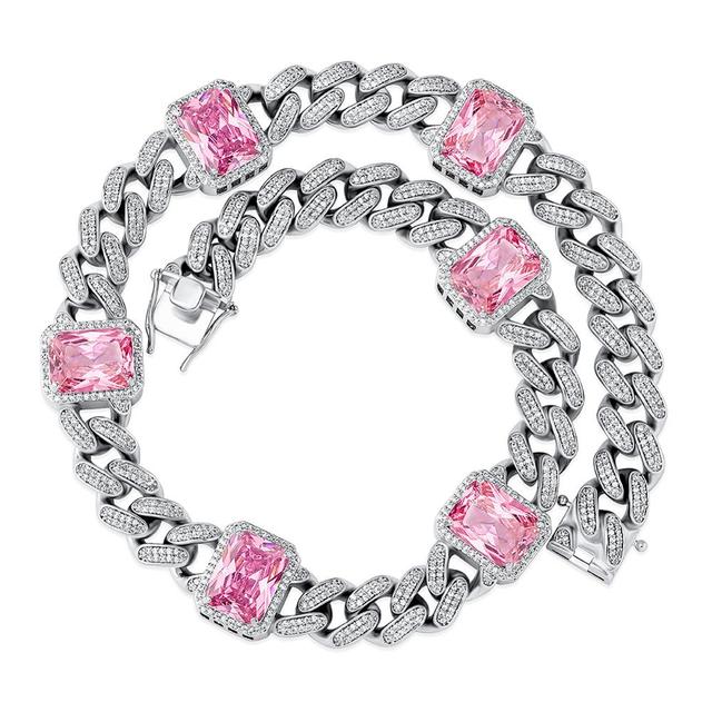 Ladies 13mm Micro Pave 6 Color Gemstone Hip Hop Miami Cuban Link Chain Necklace