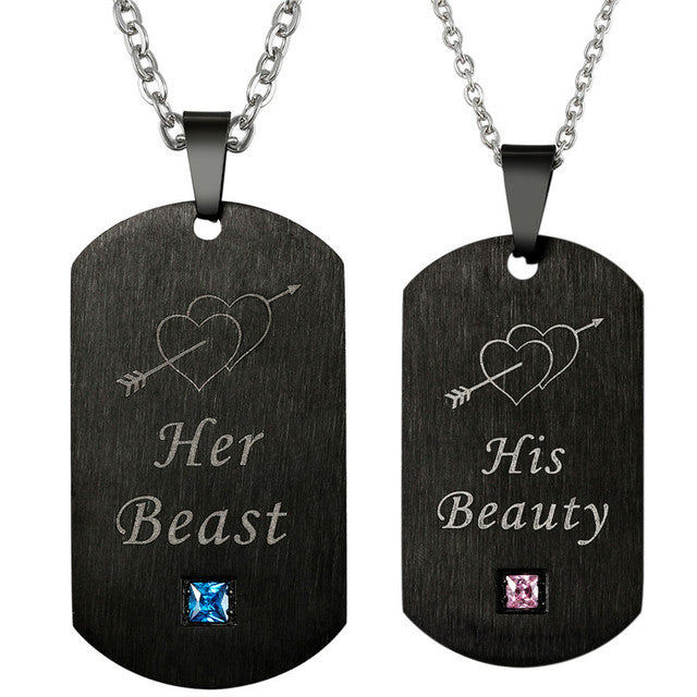 His Beauty Her Beast Mens Womens Couples Heart Crown Pendant Chain Necklace