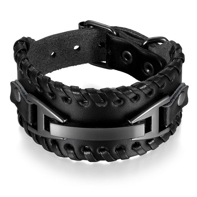 Mens Thick Pharaoh Style Genuine Leather Metal Clasp Classic Style Bracelet