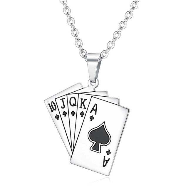 Card Hustler Poker Lucky Flush Gold Silver over No Fade Stainless Steel Pendant Chain